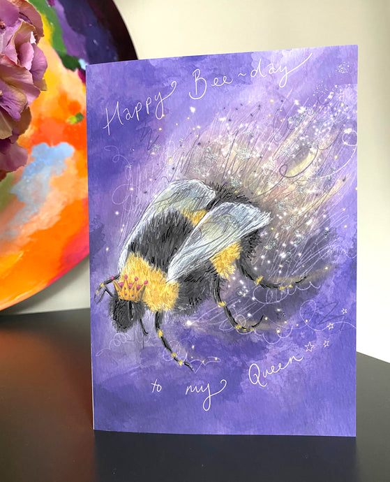 Illustrated 'Queen Bee' Glitter Birthday Card
