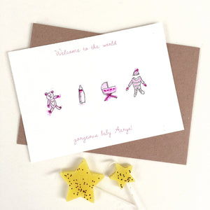 Personalised 'Welcome to the World' Hand drawn New Baby Card - New Baby Girl - New Baby Boy - Hand Drawn Card - Made to Order New Baby card