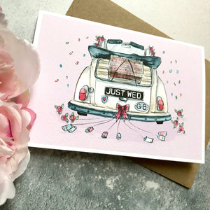 Personalised 'Just Wed' Congratulations Card - Wedding Card with Couples Names - Wedding Day Card - Vintage Wedding Car and Glitter Confetti