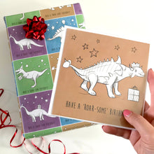 Roar-some Birthday Card and Wrapping Paper Set - Dino Birthday Card - Dinosaur Wrapping Paper - T-Rex - Stegosaur - Ankylosaurus Diplodocus