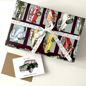 Classic Car Birthday Card and Wrapping Paper Set - Classic Car Illustrated Bday Card - Classic Car Wrapping Paper - Car Lover Card and Wrap