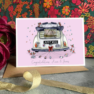 Personalised 'Just Wed' Congratulations Card - Wedding Card with Couples Names - Wedding Day Card - Vintage Wedding Car and Glitter Confetti