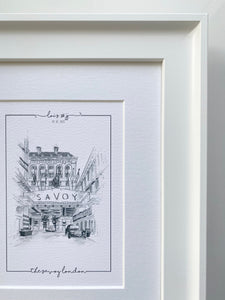 Personalised Savoy London Giclee Print  - Savoy Wedding - Hand Drawn Savoy London Illustration  - Savoy London Wall Art - Savoy Anniversary