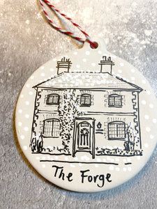 Hand Painted Ceramic Bauble featuring your Home - House Portrait Bauble - Bespoke Christmas decoration - Hand Painted House Ceramic Bauble