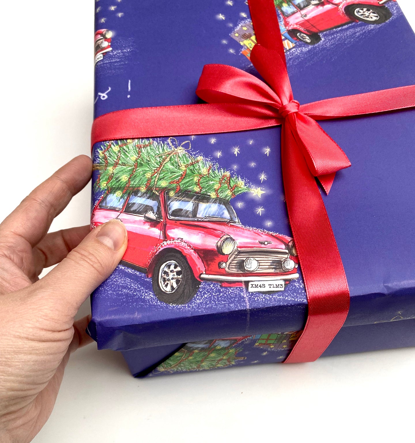 Classic Mini Cooper Christmas Card and Wrapping Paper Set - Driving Home for Christmas - Car and Christmas tree Card and Wrapping Paper