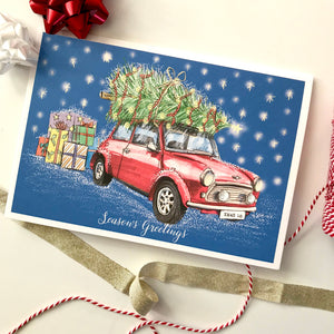 Classic Mini Cooper Christmas Card and Wrapping Paper Set - Driving Home for Christmas - Car and Christmas tree Card and Wrapping Paper