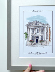Personalised Chelsea Town Hall Giclee Art Print - Illustration - Made to Order - Chelsea Town Hall Wedding - Chelsea London Venue Wall Art