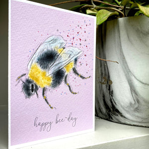Happy Bee-day Birthday card - Bee Glitter Birthday Card - Bee Lover Bday Card - Illustrated Bee design - Pink glittery Bee Card - Queen Bee