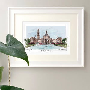 Cardiff City Hall Personalised Giclee Print - Hand Painted Watercolour and ink Illustration - Cardiff City Hall Wedding Venue Art Print