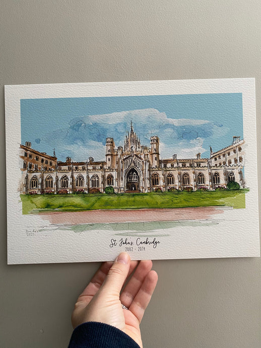 St Johns College Cambridge University Giclee Print  - Personalised St Johns College Watercolour - Cambridge University Graduation Gift