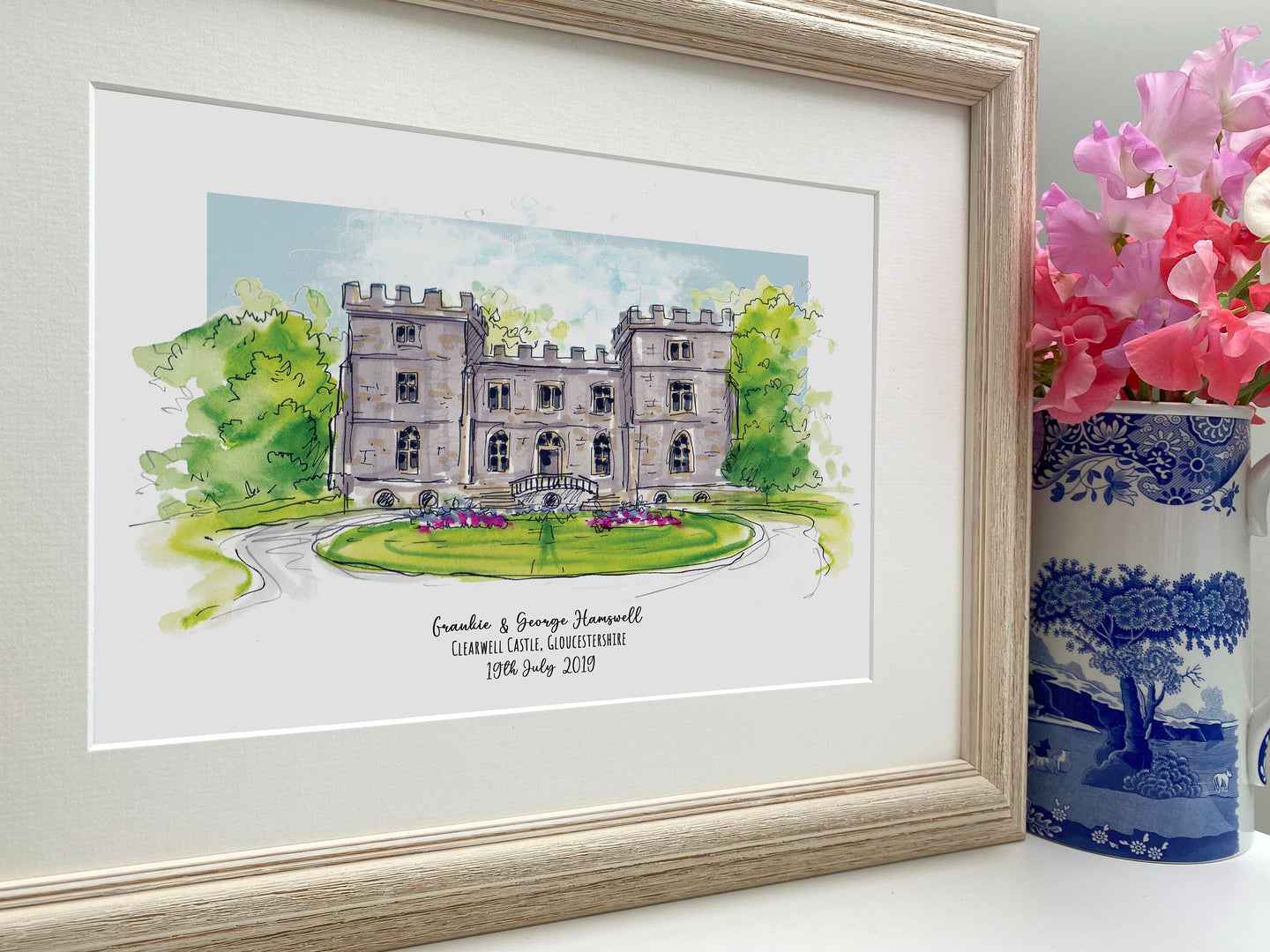 Personalised Clearwell Castle Art Giclee Print - Clearwell Castle Wedding Venue - Wedding Illustration - Clearwell Castle Gloucester Wedding