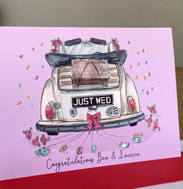 Personalised 'Just Wed' Congratulations Card - Wedding Card with Couples Names - Wedding Day Card - Vintage Wedding Car and Glitter Confetti
