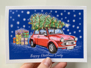 Personalied 'Driving Home for Christmas' Card - Mini Cooper Christmas Card - Xmas Tree on Car Card - Seasons Greetings Card