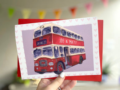 Personalised Wedding Bus Congratulations Card - Handmade Wedding Card - Wedding Bus Illustration - feat. Couples Names and Wedding Date