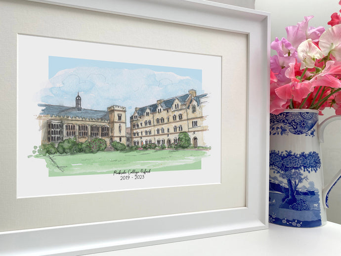 Personalised Pembroke College Oxford Giclee Art Print - Watercolour - Oxford England- Oxford University Gift - Pembroke College Wedding Art