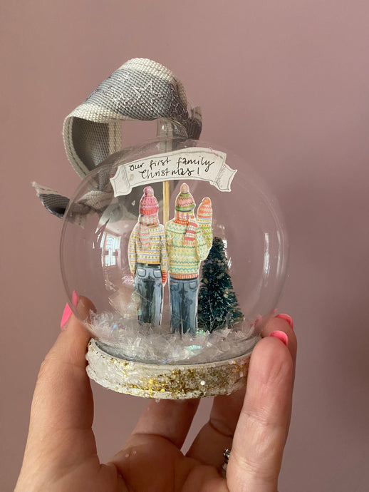 Mini Snow Globe Featuring Your Family - Handmade Family Snow Globe - First Family Christmas Hanging Ornament - Made to Order Unique Bauble