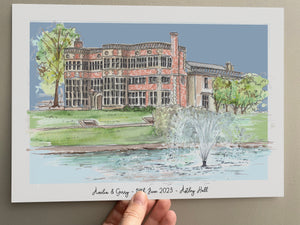 Personalised Astley Hall Giclee Art Print - Hand Drawn Art - Made to Order - Watercolour Wedding Venue Illustration - Astley Hall Chorley