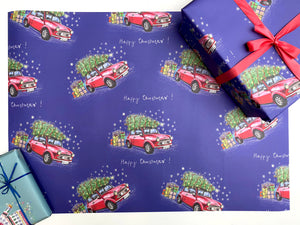 Illustrated 'Driving Home for Christmas' Card and Wrapping Paper Set
